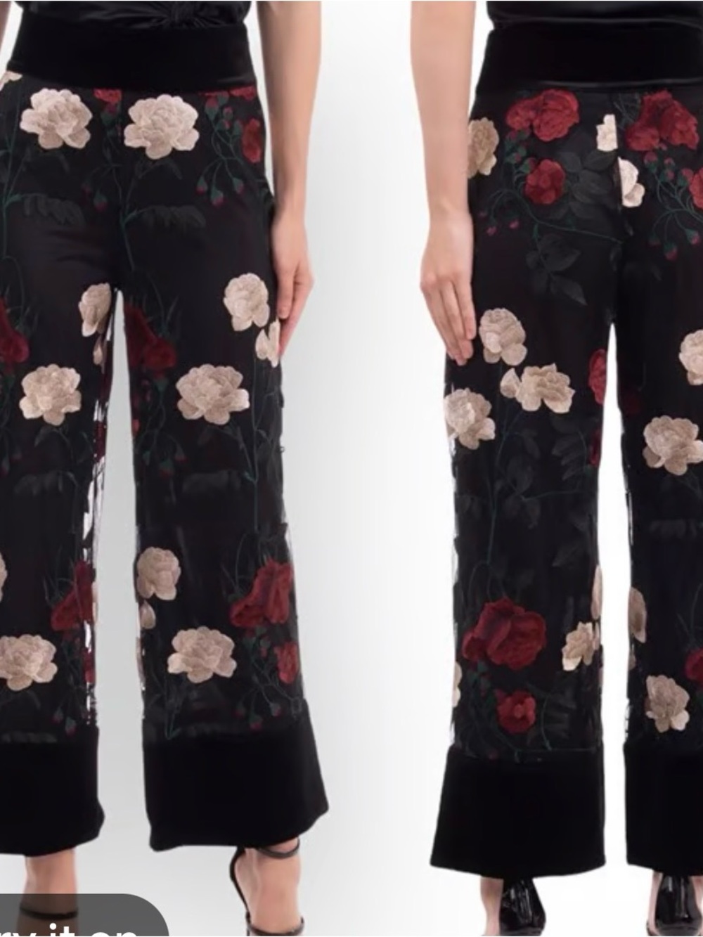 Ganni Black Wide-Leg Floral Embroidered Pants with Velvet Trim